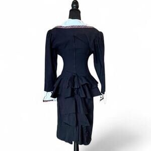 Vintage Gunne Sax Black Peplum Dress White Cuffs Collar Secretary Style Size 9